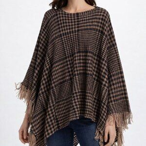 Plaid Knit Fringed Poncho, Plus One Size, NWOT